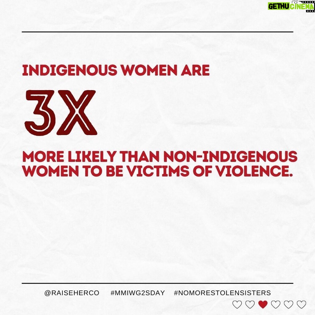 Malia Baker Instagram - Today is the National Day of Awareness for Missing Murdered Indigenous Women Girls (MMIWG), but often most known by its symbol: a red dress. ⁠ ⁠ #RedDressDay began in 2010 as an art installation by Métis artist Jaime Black, titled The REDress Project, which highlights the epidemic of violence against Indigenous women, girls 2Spirit folks. ⁠ ⁠ They are someone’s child. They are someone’s friend. They are SOMEONE. ⁠ ⁠ The day can be triggering for those affected by MMWIG2S loss — if so, you can connect with the MMWIG2S support call line at 1-844-413-6649. This line is available free of charge, 24 hours a day, 7 days a week.⁠ ⁠ Indigenous people represent the fastest growing population in Canada, as well as the youngest—we need to protect ALL of our community members ensure this is a safe, vibrant community for everyone. Thank you to the @assemblyoffirstnations, @statcan_eng The National Inquiry into Missing and Murdered Indigenous Women and Girls for compiling this data making it accessible. ⁠ __⁠ ⁠ [Photo descriptions: all images with stats line designs on each. The backgrounds are all white with a textured crumpled paper finish with dark red font. At the bottom it reads “@raiseherco #MMIWG2Sday #nomorestolensisters” ⁠ ⁠ Photo 1: “May 5: Red Dress Day” with silhouettes of red dresses⁠ ⁠ Photo 2: “Indigenous women and girls make up 16% of all female homicide victims, and 11% of missing women in Canada. Even though Indigenous people make up only 4.3% of our population” ⁠ ⁠ Photo 3: “Indigenous women are three times more likely than non-Indigenous women to be victims of violence”⁠ ⁠ Photo 4: “From 2001 to 2015, the average rate of homicides involving Indigenous female victims was nearly 6x higher than that of homicides involving non-Indigenous female victims.⁠"⁠ ⁠ Photo 5: “Indigenous women girls are 12x more likely to be murdered or missing than any other women in Canada.”⁠ ⁠ Photo 6: “Resources: Statistics Canada, Assembly of First Nations, Reclaiming Power and Place: The Final Report of the National Inquiry into Missing and Murdered Indigenous Women and Girls ⁠ Repost from @raiseherco