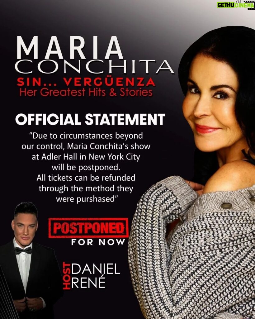 María Conchita Alonso Instagram - Reposted from @allpartsmove Regretfully the @mariaconchita_a #SinVerguenza show with @danielrenemusic at the Adler Theater in NY will have to be postponed. Tickets will be refunded from their original sales point. #sinverguenzatour Coming in 2024!