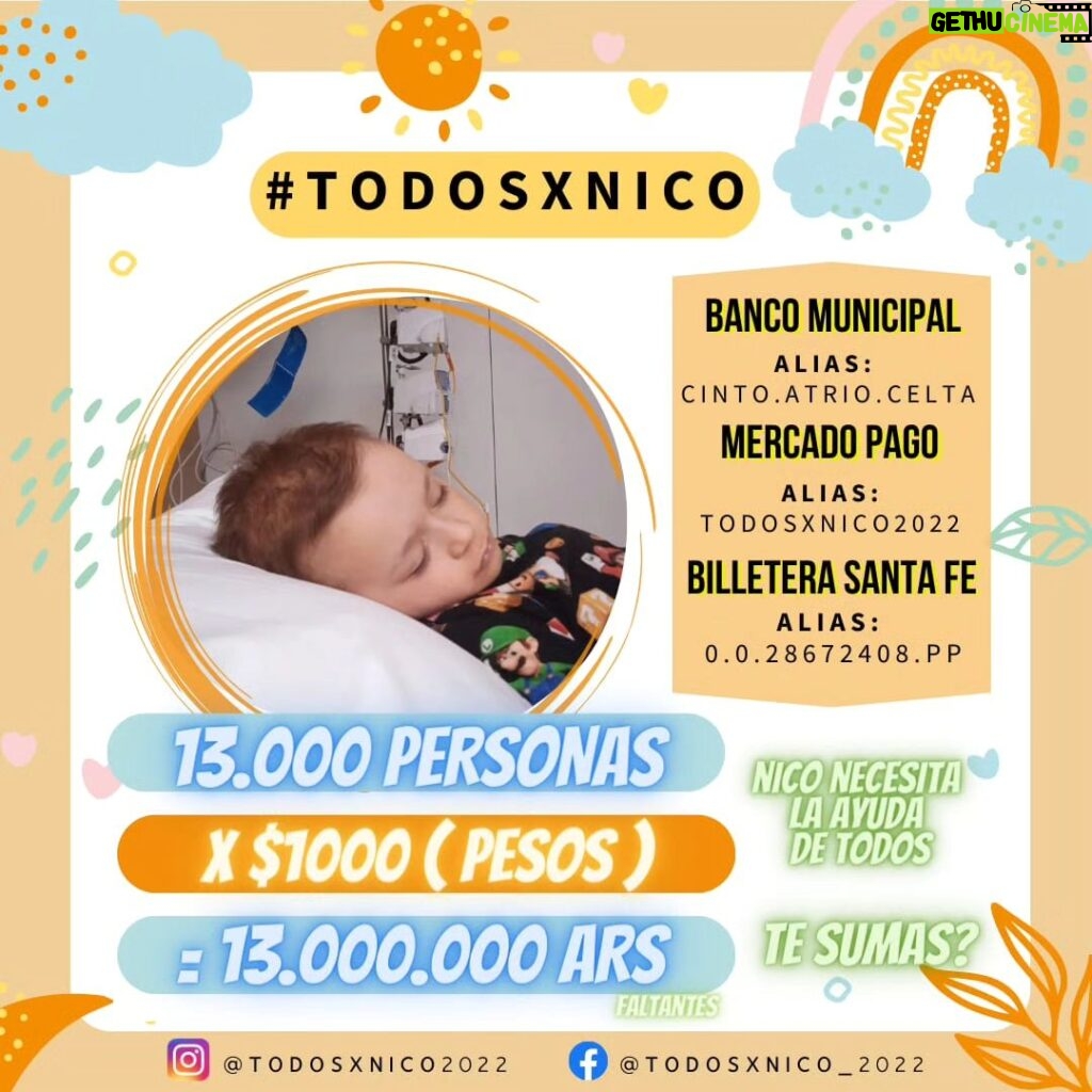 María Valenzuela Instagram - Nico está con su mamá y su papá desde julio 2022 en Barcelona bajo tratamiento oncológico 💉⚕️👩‍⚕️💊👨‍⚕️, por suerte dió resultado y está en remisión 🙌🏽. En éste momento está haciendo la consolidación q consta de 5 ciclos. En unos días comienza el 4to ciclo que está pago, falta cubrir el 5to y último a realizarse en enero, gente es un esfuerzito más... Cuando vayas de compras y pienses en los tuyos ( comida, ropa, regalos), incluilo a Nico, hacele un regalito, el regalo más grande le vas a dar, el de la vida!!! 🧡🧡🧡 Está en nuestras manos, no miremos para otro lado, no demos lo que nos sobra... demos lo q el otro necesita... 🙏🙏🙏🙏. Gracias.