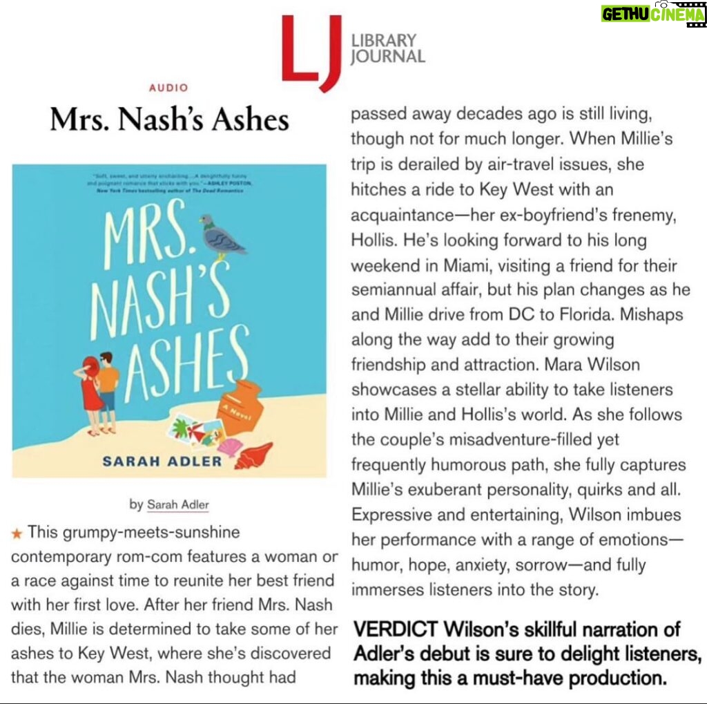 Mara Wilson Instagram - Thrilled about this GLOWING audiobook review for #MrsNashsAshes from @library_journal! I loved getting to narrate @sarahadlerwrites’s delightful, funny, sexy, heartwarming romance. I laughed, I cried, I said the words “broccoli emoji” fifteen times in a row. Link in stories, give it a listen! 🥦 ❤️
