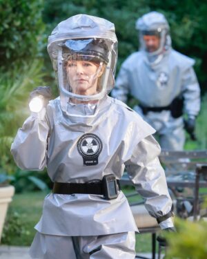 Marg Helgenberger Instagram - CSI:VEGAS may have been cancelled, but there are still five new episodes left, including TONIGHT! On @cbstv at 10/9C or stream on @paramountplus

In addition to having a keen eye for following the evidence, Catherine is always on the cutting edge of fashion while on a crime scene. Isolation suits will be all the rage this summer.

I had a ball working with @lexmedlin77 this season, who looks quite fetching in his isolation suit.

All the guest actors on #csivegas have been outstanding, including the wonderful Anne Ramsay.

Be sure to catch the last five episodes!