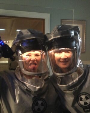 Marg Helgenberger Instagram - CSI:VEGAS may have been cancelled, but there are still five new episodes left, including TONIGHT! On @cbstv at 10/9C or stream on @paramountplus

In addition to having a keen eye for following the evidence, Catherine is always on the cutting edge of fashion while on a crime scene. Isolation suits will be all the rage this summer.

I had a ball working with @lexmedlin77 this season, who looks quite fetching in his isolation suit.

All the guest actors on #csivegas have been outstanding, including the wonderful Anne Ramsay.

Be sure to catch the last five episodes!