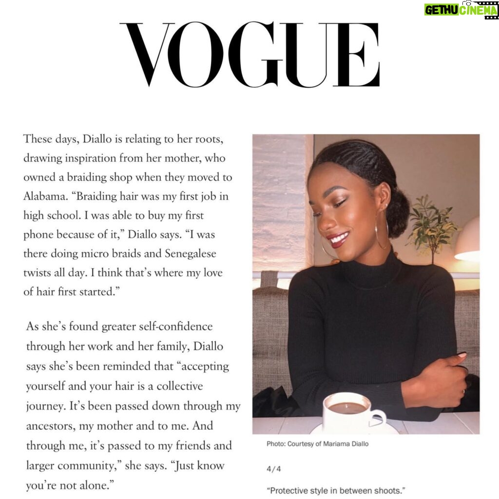 Mariama Diallo Instagram - Thank you @voguemagazine 🤍 This story is very dear to my heart. Hair has always been a huge part of my identity. From the African braiding shops to working in the beauty industry. Tbh, my years in modeling led me to having a complicated relationship with my hair( & Im sure many other black models.) These last few years I’ve been relearning and falling in love with my hair. Beyond grateful I get to share this story with you & @voguemagazine . God is good. Thank you so much @akili_ for being so amazing and kind during our interview. 🤍 link in bio