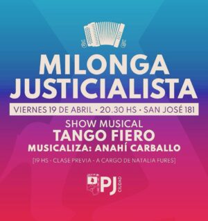 Marina Glezer Instagram - ✨NO FUE MAGIA PERO PARECE✨ 
Este Próximo Viernes 19 de abril 20:30 hs. 
Tenemos nuestra 🌺Milonga Justicialista🌺 
en @pj.ciudad 💃🏼🕺🏼 📍San José 181, Congreso. 
Show musical (a la gorra) 
Tango Fiero @tangofiero 
Musicaliza: Anahí Carballo 🌈 @anahicarballo.tango 
19 hs. *CLASE ESPECIAL* 👠🔥 
con Natalia Fures 🖤 @natifures (a la gorra) 
Barra compañera y cositas ricas 
a cargo del Bar Cultural del PJ ciudad. 
Souvenirs comestibles a cargo de @la_dominga73 💫 diseño y compañía 🌸 @josefinaschivo 
Renacemos mientras luchamos, 
no hay burros sino caballos. 
Ponete los zapatos y vení.✌🏼 
Qué Viva el Tango! Y que Viva Perón! Evita! 
Nestor y Cristina! @cristinafkirchner ❤️‍🔥💟
#LaPatriaNoSeVende #LaCulturaSeDefiende #milongajusticialista Argentina. 

Cabeza, cuerpo y corazón porteños. 
Formadas en la universidad pública y en la calle. 🇦🇷
@noeliafois 
@marianorecaldeok 
@pj.ciudad