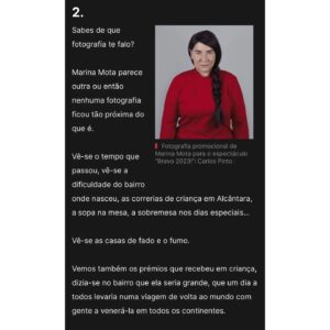 Marina Mota Instagram - Caro @luis.osorio.oficial, deixo-lhe um abraço com o mesmo carinho com que escreveu a meu respeito. Dei conta, que nem eu saberia descrever-me tão exacta e profundamente. Não me refiro, obviamente, ao que opina sobre mim enquanto artista ou atriz, isso não consigo avaliar, mas sim enquanto Mulher, Pessoa, Gente.
Quero que saiba que lhe fico grata por este retrato.
Mais um abraço
Obrigada
@teatropraga
@cgardens @andre_e_teodosio
#teatro #parquemayer #fado