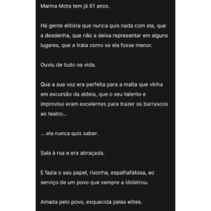 Marina Mota Instagram - Caro @luis.osorio.oficial, deixo-lhe um abraço com o mesmo carinho com que escreveu a meu respeito. Dei conta, que nem eu saberia descrever-me tão exacta e profundamente. Não me refiro, obviamente, ao que opina sobre mim enquanto artista ou atriz, isso não consigo avaliar, mas sim enquanto Mulher, Pessoa, Gente.
Quero que saiba que lhe fico grata por este retrato.
Mais um abraço
Obrigada
@teatropraga
@cgardens @andre_e_teodosio
#teatro #parquemayer #fado