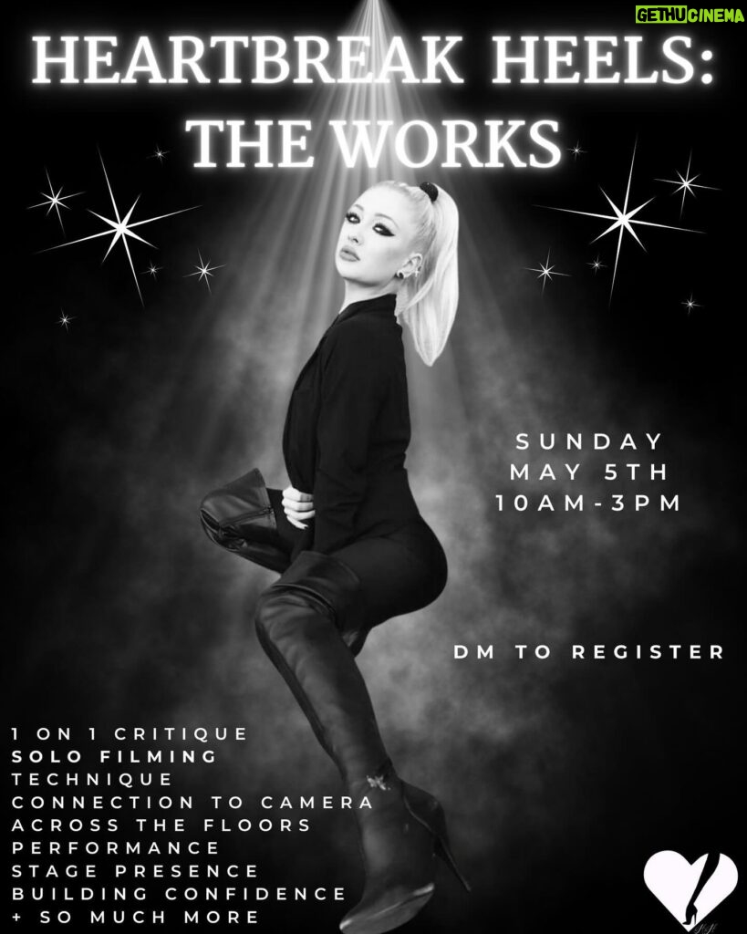 Marissa Heart Instagram - So excited for my next “Heartbreak Heels: The Works” workshop !! ❤️‍🔥 🚨 ONE MONTH FROM TODAY 🚨 Sunday, May 5th 10am-3pm Location will be sent out once your spot is reserved 🖤 This workshop will include: ⁃ 1 on 1 critique ⁃ Solo Filming ⁃ Technique ⁃ Connection to camera ⁃ Across the floors ⁃ Performance ⁃ Stage presence ⁃ Building confidence ⁃ And so much more 👠 I have hand-crafted such a magical 5 hour day for you all and I cannot wait to share this special piece of Heartbreak Heels with you !! ✨ Dm me to sign up my loves ! Limited spots avail to ensure the most impactful, beneficial, and knowledgable experience xx 💔👠