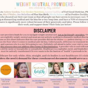 Mary Lambert Instagram - IT’S HERE. After about 200 hours of inputting data, cold calling, scouring every thread I could find, and all of your recommendations, the Weight Neutral Leads List is live. Link in bio!

Massive, massive thank you to @plusmommy @miaomalley @fatpositivefertility @yrfatfriend @barehlth @torystrokernutrition @feelgooddietitian — NONE of this would be possible without their participation, generosity, community sourcing, and labor. Please follow & support them!!!

This is not a Health At Every Size list, a fat friendly list, or even a true weight neutral provider list. It is a list of providers who didn’t fat shame or did not mention weight loss to one person, who may not even be read as fat. So please take these leads with a grain of salt; follow the folks I mentioned above who offer resources for medical advocacy, check out @ragenchastain’s HAES info, or @thefatdoctoruk’s project @noweighcampaign to guide you as you navigate these leads. 

Furthermore, this resource does not address other forms of discrimination. A provider who is cool with not talking about weight loss can still be racist or transphobic or xenophobic. Healthcare is a capitalist, racist, and fatphobic institution that must be radically transformed if it ever wants to be the bastion of "health" it portends to be. 

Healthcare for only white, thin, straight, and cis bodies is not healthcare; it's violence. 
And to providers: the need & demand for these crowdsourced documents should serve as wake-up call that weight-centric care is harming your patients. 

Notes: If you would like to add someone or are a weight neutral practitioner yourself, there is a link to a google form on the spreadsheet. I cross check and verify anyone submitted and maintain this spreadsheet by myself, so I appreciate your patience if the name you submit doesn’t show up right away! 

Also make sure you take a look at all the pages! The second page is full of OBGYNs, endocrinologists, and RDs, and the third page has some international folks to check out if you are abroad!