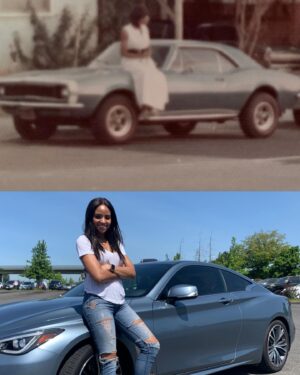 Meagan Tandy Instagram - Thought maybe this should live on my page. I found this photo of Mom shortly after she had passed and I cried and giggled because she was just so cool. Look at her and her car 🔥. I had taken a similar photo during one of my roadtrips from Vancouver to Seattle and then continuing onto Los Angeles (before her passing). I remember coming across this photo and loved how similar they were. I love that we both love a hot sports car and the colors are so similar. Such a cute little nod to Mom today. And she loved The Whispers. I know she’s up there dancing right now. I love you Mama, Happy Mothers Day 🕊️