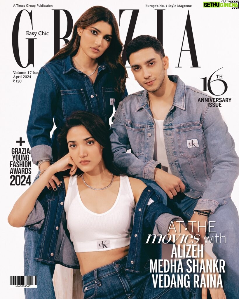 Medha Shankar Instagram - As Grazia completes 16 years, we’ve been thinking a lot about what it means to come into one’s own. Is it an ‘age’ thing, or is it that moment when your approach to life takes a dramatic turn? For our cover stars, three boldface names who are compelling critics and audiences alike to sit up and take notice, that evolution is just beginning. ————————————————————————————— On Alizeh: Lean denim button down shirt, extreme low high rise jeans, both @calvinklein ; tennis necklace, Jet Gems, On left hand: Stackable diamond bangles, all Jet Gems, On right hand: Diamond bracelets, Jet Gems On Medha: Woven label rib crop v-neck Tee, @calvinklein Underwear; lean denim button down shirt, authentic high rise boot leg jeans, both @calvinklein, white gold diamond tennis necklace, A.S. Motiwala Fine Jewellery On Vedang: Modern cotton tank Top, 90s denim trucker jacket, authentic straight fit jeans, all @calvinklein, steel cuff, pearl steel cuff, both Anaqa Photograph: Tito at A Little Fly Fashion Director: Pasham Alwani Words: Nida Naeem Hair and Make-up: Kiran Denzongpa at Feat Artists Assisted by (styling): Nishtha Parwani, Nahid Nawaaz Fashion Intern: Isha Kedia Production Assistant: Yusuf Lokhandwala Alizeh’s PR: Communique Film PR Medha’s PR: Think Talkies Vedang’s PR: Communique Film PR #GraziaIndia #GraziaTurns16 #16thAnniversaryIssue #Alizeh #VedangRaina #MedhaShankr #AprilCover #2024 #2024Cover