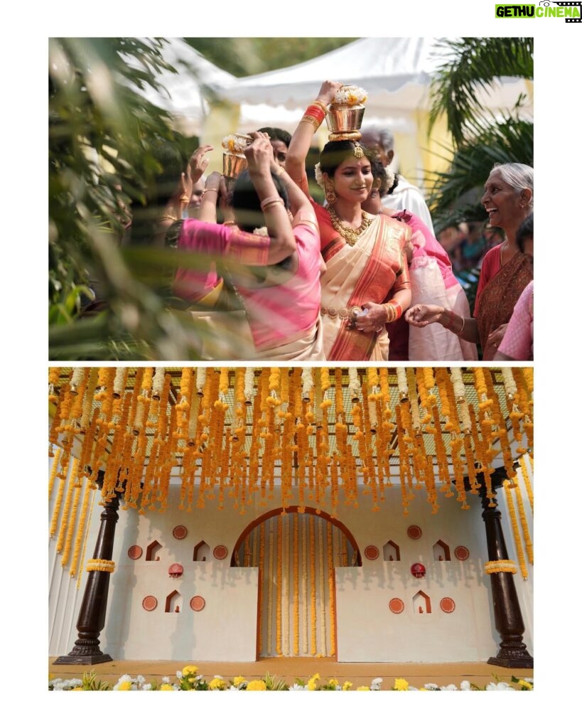 Meetha Raghunath Instagram - Having a traditional Badaga wedding is something I did not anticipate. Falling in love wasn’t something I anticipated either, but I did. So the Badaga wedding that followed was just a beautiful celebration of that. A “Madhil” is an arc like structure which is a sacred space in every traditional Badaga household. Though we didn’t get married in a hatti (a Badaga village) we wanted to do something that felt quite close to our culture for the wedding. Being the artistic geniuses of the house, my mom came up with the idea of the Madhil and the decor surrounding it and my sister designed the whole thing. They worked out everything from the colour palettes to just how it should look. So much of the wedding was an art project of sorts for all of us, but more about that later. Finding love is divine timing, but the ability to recognise love when it presents itself before you, and having the courage to embrace it is one of the qualities I’m most grateful to the universe for blessing me with. Long story short, I fell in love and got to have a beautiful wedding, it being a traditional Badaga wedding was just a fun added bonus. Thank you @dhanusiyaviswanathan from @dreamday_designers for helping us execute our idea in the most efficient and passionately dedicated way as possible. @vasanthphotography @weddingsbyvasanth 🌻