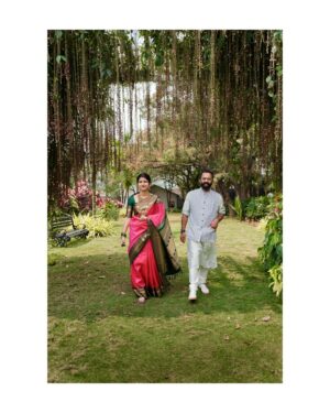 Meetha Raghunath Instagram - Sarees of my Wedding.

Part 2 - The Wedding! 

1. The blue and red silk saree with golden zari - As a family we love single colour solid bodied sarees with traditional borders. My mom got this for herself first but I flicked it from her for the pre wedding ceremony and I’m glad I did. This is also from Anya.
2. The cream tissue silk saree with a green pallu - I only wanted to wear sarees for any occasion associated with the wedding. I found this gorgeous saree that’s tissue silk and has a beautiful green pallu. Wearing a sleeveless green blouse, I sorigified (read tucked in) the pallu and danced away at the cocktail party. I got this from Anya (again). 
3. The cream silk saree with orangish red thread worked border - This is one of the first sarees I ever got. We went to Mahaveers Coimbatore just to see sarees with no intention of buying any immediately but as soon as I saw this I knew this was it. Red and white are traditional Badaga colours and I couldn’t have asked for anything better.
4. The pink silk saree with a green border - My mom and sister had selected this from Nalli in T Nagar when I was promoting Good Night. I went in after work and loved it when I saw it because it has such a distinct tone of pink to it with impeccable zari work. 

We wanted the engagement and the wedding to be a super chill intimate party. So I draped my own sarees, did my own hair and make up and got ready before the rest of the family.( Also I had my mom and sister for any help I needed, so 🌝) I also wore kannadi valayals (glass bangles) because I love them! 

I love it when I know where someone got a piece of clothing I like from. So this me sharing where I got my wedding sarees from. This is not an ad, nobody is paying me for it. I love the sarees I got for my wedding and I’m really grateful for them. I hope you get to wear all that you love and enjoy too🌻

Thank you for your time! 

@weddingsbyvasanth