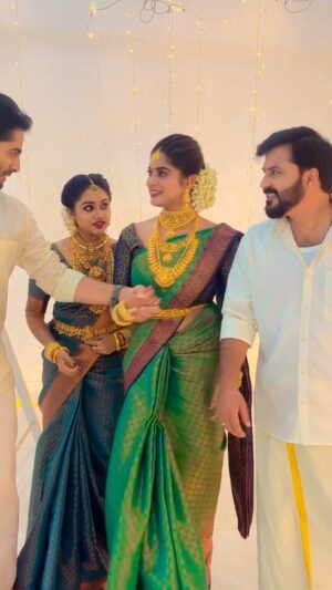 Meghna Vincent Instagram - @nikhilnair_official @meghna.vincent @vijayanand_actor 
#location #fun
 
Saree @Letsfollowray