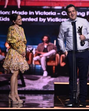 Melanie Zanetti Instagram - Had a blast presenting a couple of awards at the @aacta today with @natalie.tran 🤍and @officialblueytv took home its 4th consecutive AACTA for best kids Television program! 🧡✨
Huge thanks to - 

Dress @acler ✨
Hair @hairdressers_diary 
Make up @annabelbartonbeauty 
Jewelry @_mimco
Hot date @zoe_ventoura