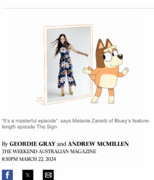 Melanie Zanetti Instagram - Article out in the @the.australian today about the Bluey 28 minute extended episode and my experience working on this wonderful show. 💙🧡

Photographer @jamespcant 
Make-up @makeupbyalfred 
Hair @glamwithdenise