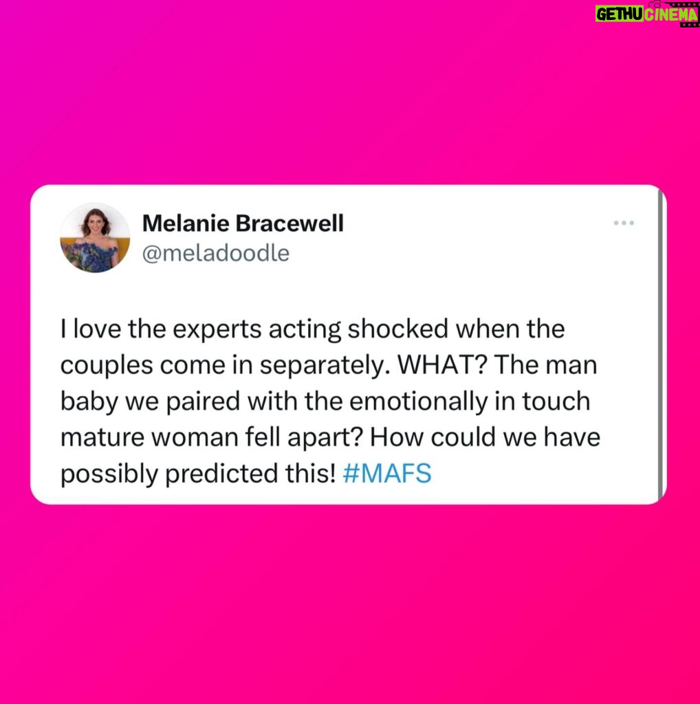 Melanie Bracewell Instagram - I finally watched an episode of #MAFS live, I’m back with the hot takes.