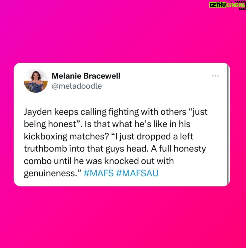 Melanie Bracewell Instagram - I finally watched an episode of #MAFS live, I’m back with the hot takes.