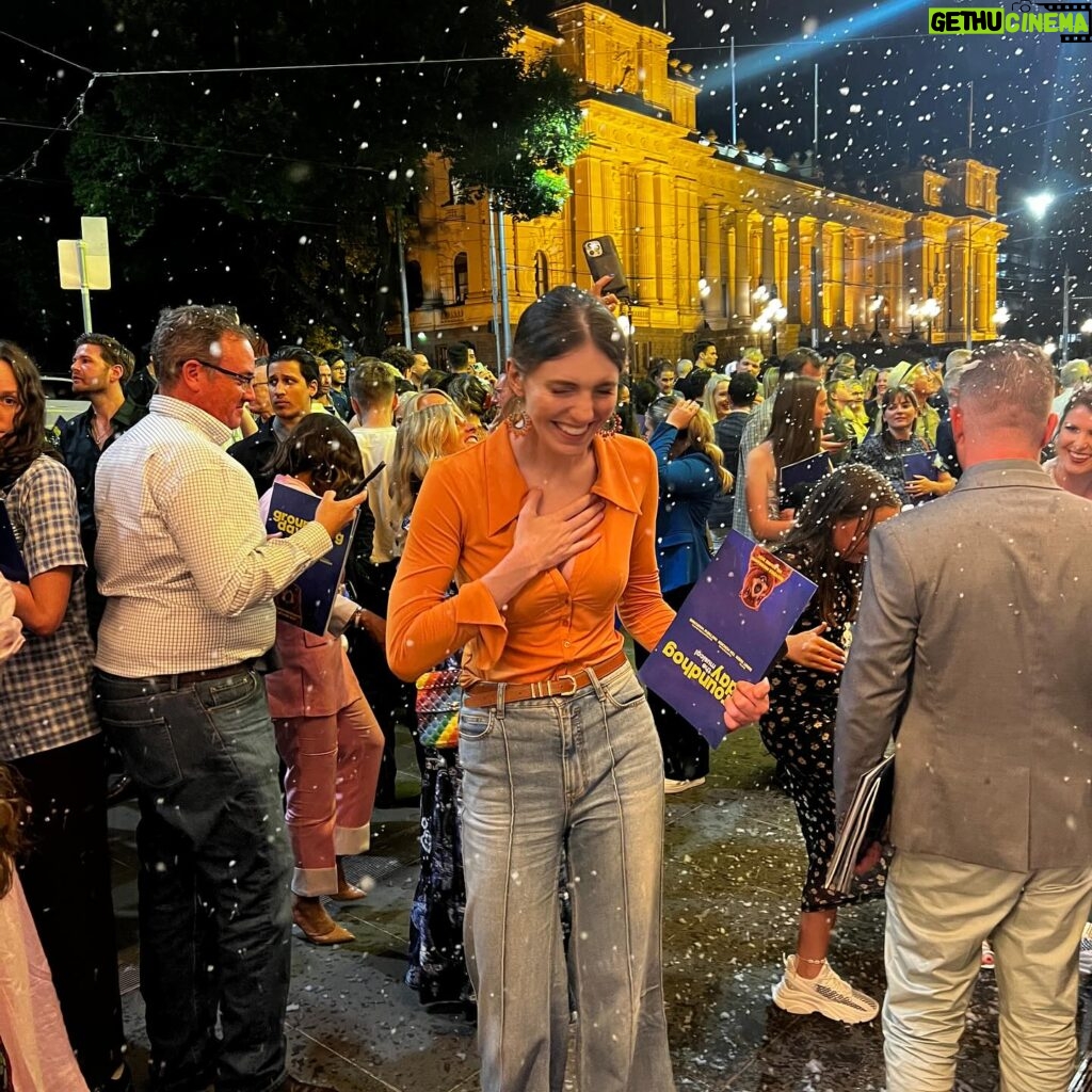 Melanie Bracewell Instagram - They had “snow” falling down after the Groundhog Day premiere in Melbourne last night. I tried to embrace it like the movies but my arms are too long so I just ended up smacking a stranger. P.S the show was excellent ya gotta see it