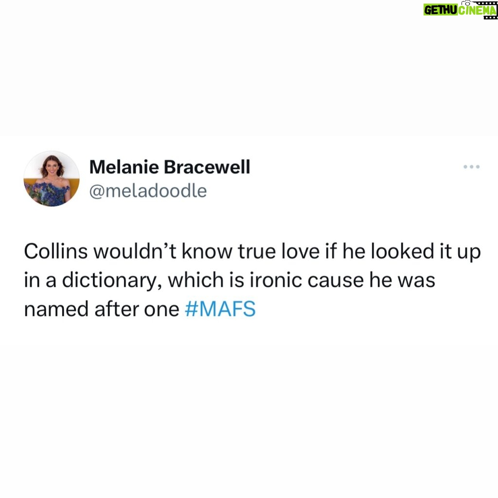 Melanie Bracewell Instagram - Sometimes you only write one good #MAFS tweet (I gotta catch up ok!)