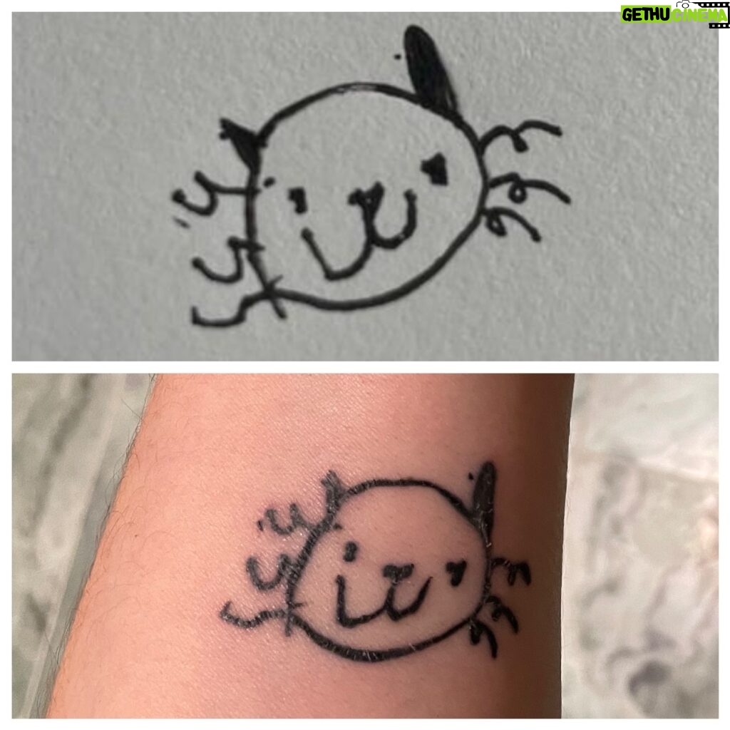Melanie Lynskey Instagram - I’m so happy to be bringing this adorable tattoo into 2024 with me- my thanks to the incredibly kind and talented @graeme.allan at @sacredtattoonz for doing this for me while I was in Aotearoa. It’s a meticulous recreation of a drawing my 5 year old daughter did, and it reminds me even in the most challenging moments that there is true joy in my life and fills me with deep gratitude. I wish so much joy for all of you this year! And my big wish is that the world remembers about empathy. ❤️