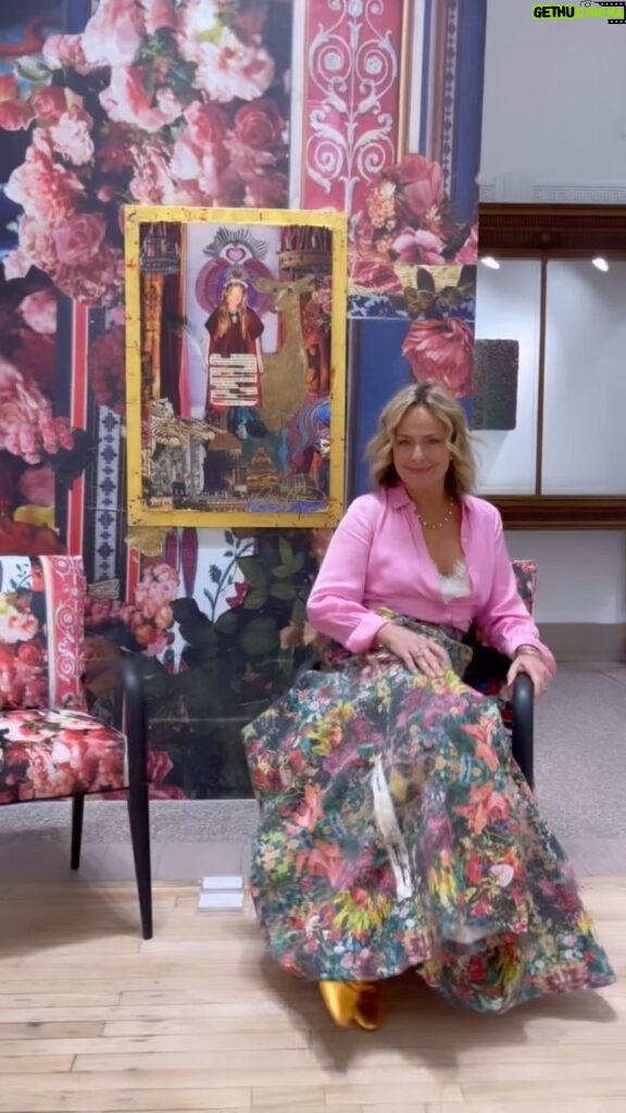 Melora Hardin Instagram - Thank you everybody who came out to support and enjoy my fine art collages at my first gallery show at gallery Le Royer in Montreal! Was such a joyful exhibition, and I felt all the love! P.S. my skirt is my collage art as well as the upholstery on the chairs and the wallpaper 💖