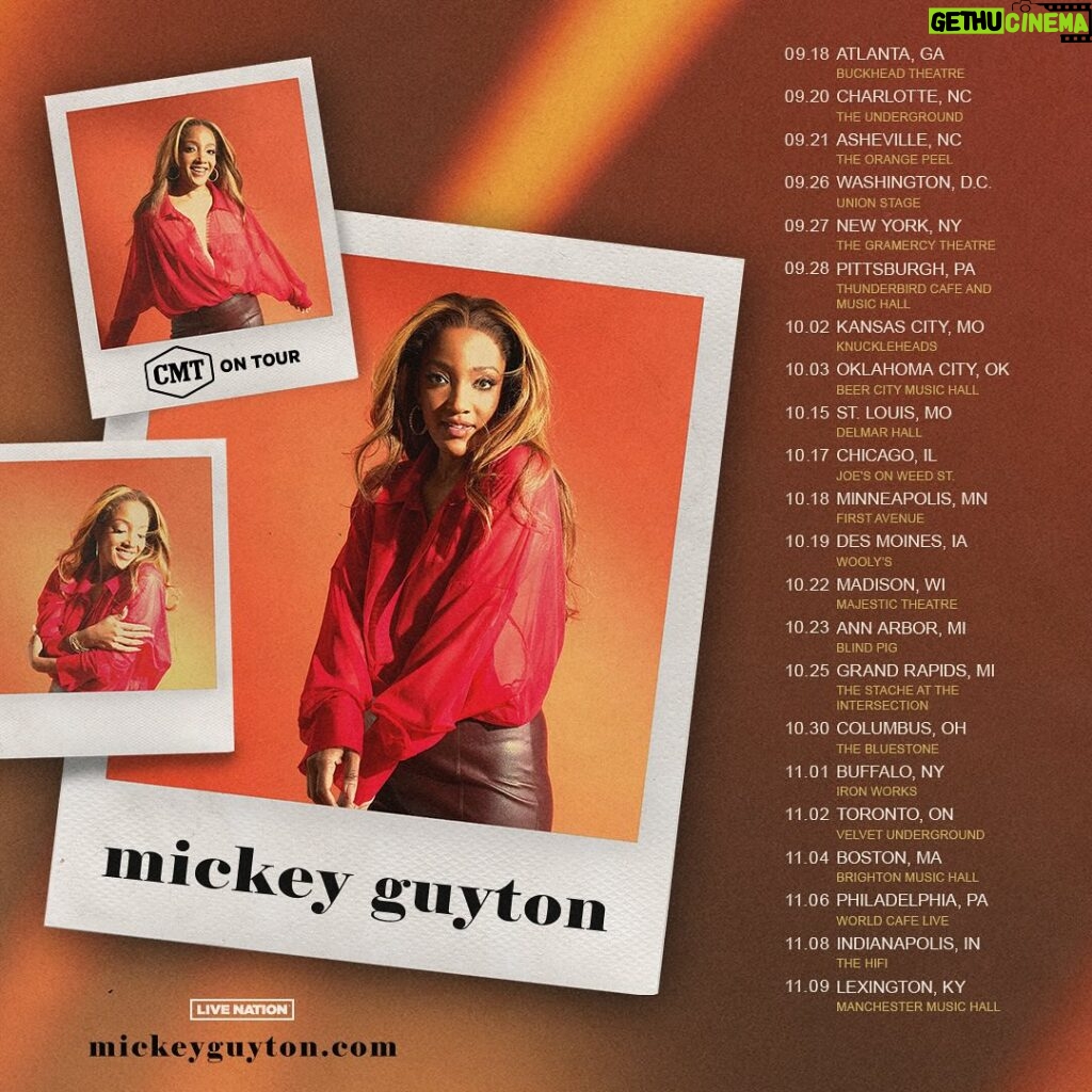Mickey Guyton Instagram - I’m so excited to announce that I’m hitting the road this fall with @cmt on my own headlining tour! Let me know in the comments what show you’re coming to! Tickets go on sale next Friday, May 3rd at 10 am local time. Head to mickeyguyton.com/tour to sign up to receive a code accessing the pre-sale next Tuesday, April 30th beginning at 10 am local time. I love you guys so much - this really is a dream come true! ✨