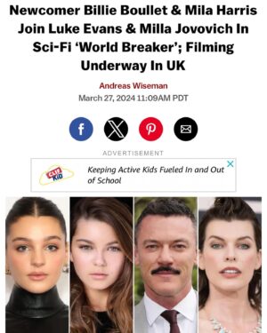 Mila Harris Instagram - 🎥 Thrilled to join this amazing cast. 🤗 This movie is going to be EPIC! 🎬 Coming soon 🌎💔 #worldbreaker #worldbreakermovie 

@deadline @1milaharris @billieboulletofficial @millajovovich @thereallukeevans 

@paradigmtalentagency @completemanagementgroup