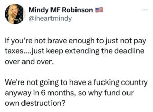 Mindy Robinson Instagram - I foresee a tax revolt, no taxation without representation.