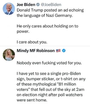 Mindy Robinson Instagram - Biden is "so popular" that the general public wasn't allowed anywhere near him at his own rally here in Vegas....they know a mob would show up to boo him.