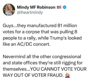 Mindy Robinson Instagram - I have no idea why people are donating to a campaign in a blatantly rigged election....what we need to do is protest these ridiculously non-transparent elections and hold a giant bonfire with these knowingly riggable Dominion voting machines.