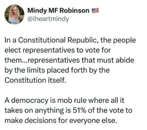 Mindy Robinson Instagram - Anytime some talking head starts yapping about something being a "danger to our democracy" instead of pointing out that we're actually supposed to be a Constitutional Republic...that's how you know you're talking to some mockingbird media Deep State goon.