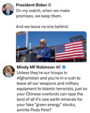 Mindy Robinson Instagram - Unbelievable blatant lies are all this illegitimate, baby killing, child sex trafficking, psychopathic murderous, tyrannical regime has left at this point...