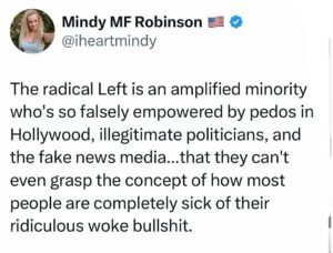 Mindy Robinson Instagram - If radical, sexual degenerate pedo, communist leftists were actually the majority the fake news wants you to believe they are....

Then they wouldn't be using our tax money to fund illegals and terrorists to jump across our border to fight on these globalists behalf when this shit finally goes down, now would they? 🧐