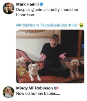 Mindy Robinson Instagram - The Left's priorities are so f*cked....

Kristi Noem had to put down one of her farm dogs for killing animals, and apparently the Left cares more about that than any current actual atrocity going on in the world right now...
