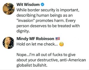 Mindy Robinson Instagram - I don't see starving women and children running across our border (mostly because they're sexually trafficking them with the federal government's blessing) 

I see military aged males being funded by our own tax dollars by a foreign controlled illegitimate regime that needs to be dismantled and replaced with the Constitutional Republic we used to be before there central banks took power and corrupted everything.