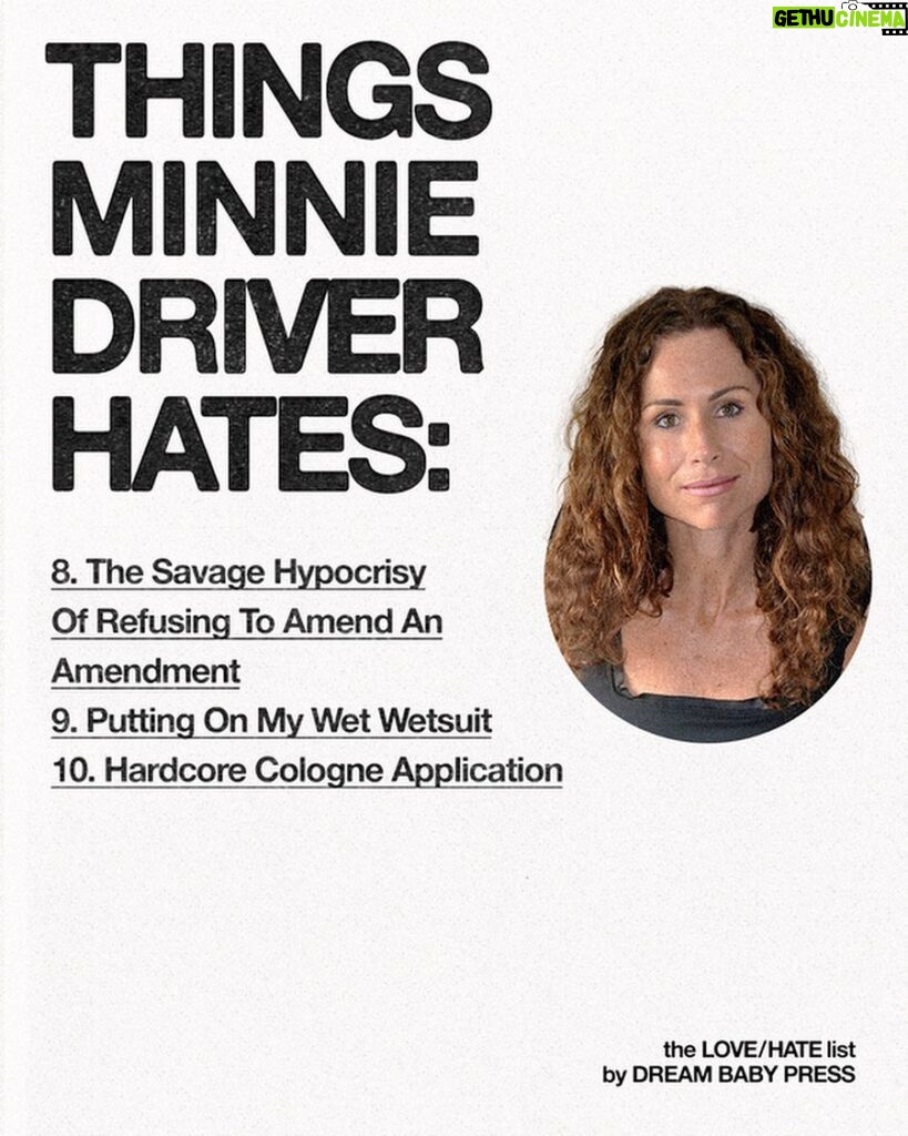 Minnie Driver Instagram - @dreambabypress asked @driverminnie for a list of 10 things she loves and 10 things she hates. Minnie Driver is an actor, musician and author who lives by the sea.
