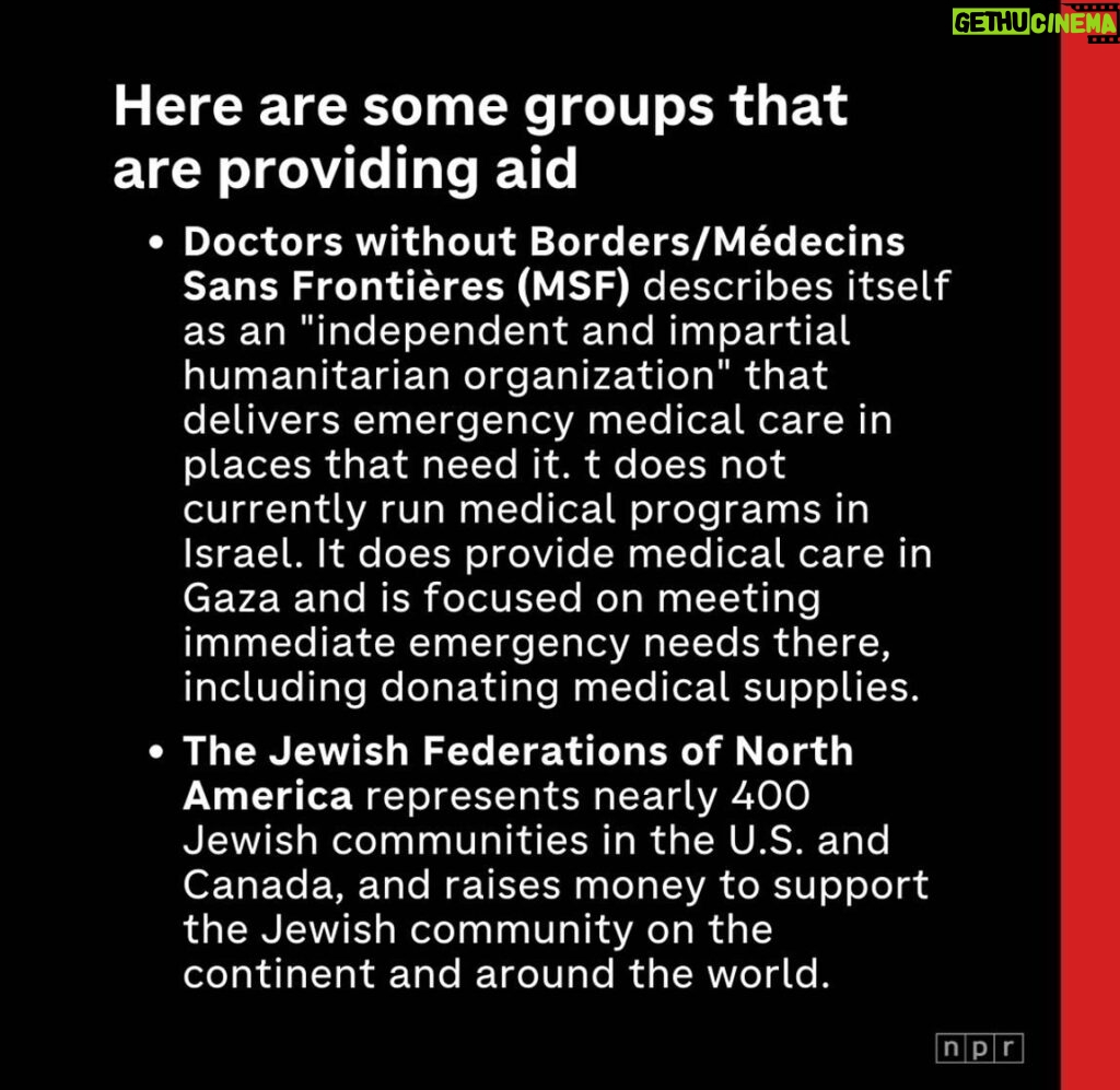 Minnie Driver Instagram - Absolutely nothing I or anybody else says will undo the gordian knot of what is currently happening in the Middle East. Practical help feels like the surest path for every horrified observer. The link for Médecin Sans Frontières is in my bio, but here are many other charities info , courtesy of @npr