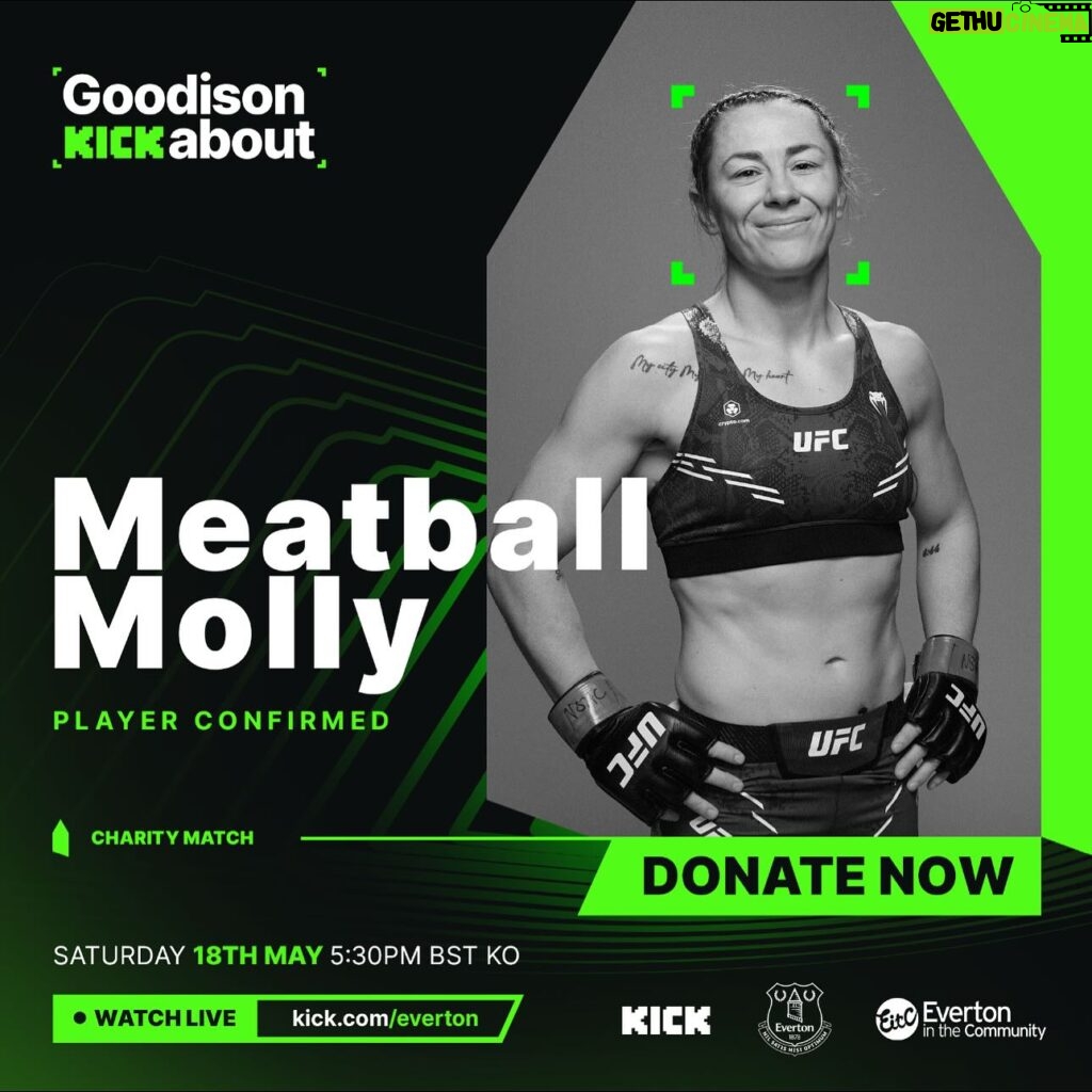 Molly McCann Instagram - Delighted to announce that I will be playing in #GoodisonKickabout on Saturday 18th May! A charity football event at Goodison Park to help raise money for the fantastic @Eitc. Donate now at www.evertoninthecommunity.org/donate/ You can watch all the action live at 5:30pm on kick.com/everton.