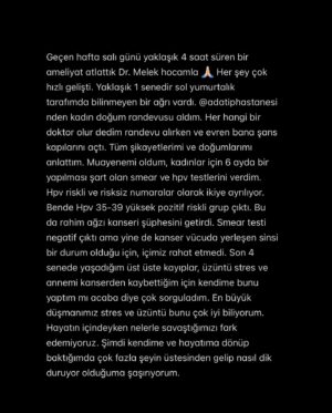 Mona Çalış Instagram - Burdayım, ayaktayım 😌 

Deneyimlerimi, yaşadıklarımı sizlerle paylaştım. 
Sağlığınıza ve mentalinize dikkat etmeniz dileğiyle 🙏🏼

Her şartta her zaman tüm hassaslığıyla yanımda olan sevdiğim adam @burcancls a ve tüm aileme, ailemden ayrı olmayan can dostlarıma ve destek olan, moral veren her kese, doktorum Melek Çiçek Aydın’ a ve tüm @adatiphastanesi ekibine çok teşekkür ediyorum. 
İyi ki varsınız 🤍