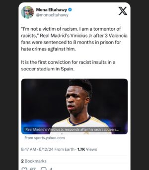 Mona Eltahawy Instagram - “I’m not a victim of racism. I am a tormentor of racists,” Real Madrid’s Vinicius Jr after 3 Valencia fans were sentenced to 8 months in prison on Monday for hate crimes against him. 

It is the first conviction for racist insults in a soccer stadium in Spain.

“This first criminal conviction in the history of Spain is not for me. It’s for all Black people. May other racists be afraid, ashamed and hide in the shadows. Otherwise, I’ll be here to collect,” Vinicius Junior.

OTHERWISE, I’LL BE HERE TO COLLECT. 💜✊🏽❤️