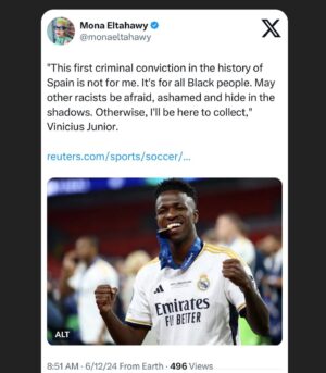 Mona Eltahawy Instagram - “I’m not a victim of racism. I am a tormentor of racists,” Real Madrid’s Vinicius Jr after 3 Valencia fans were sentenced to 8 months in prison on Monday for hate crimes against him. 

It is the first conviction for racist insults in a soccer stadium in Spain.

“This first criminal conviction in the history of Spain is not for me. It’s for all Black people. May other racists be afraid, ashamed and hide in the shadows. Otherwise, I’ll be here to collect,” Vinicius Junior.

OTHERWISE, I’LL BE HERE TO COLLECT. 💜✊🏽❤️