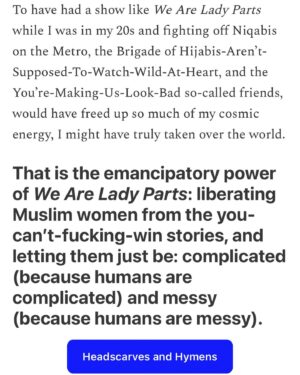Mona Eltahawy Instagram - The second season of one of my favourite TV shows ever is here! We Are Lady Parts! 

Here’s an essay i wrote after the first season: (link stories and at FEMINIST GIANT)

Too Loud, Swears Too Much, Goes Too Far—
The Emancipatory Power of We Are Lady Parts

When you’re a Muslim woman, you can’t fucking win. Every Muslim woman has an arsenal of you-can’t-fucking-win stories. 

And how lucky we are that Nida Manzoor channeled her arsenal into the revolutionary rocket of a show We Are Lady Parts.
Nida Manzoor on why We Are Lady Parts is a comedy:

“I felt that Muslim women...have often been shown in quite a serious light...esp with Muslim women and how they’re portrayed as oppressed and victims...My experience, and my friends’, is that of joy and fun and silliness”
Men—and white people— are thankfully incidental to We Are Lady Parts. They are the supporting cast—eye candy, lovers or husbands, irritants or racists. And what a relief.

Too often, we are not heard above the noise our men and white people make
All my essays are free to read and share.

Subscribe and get them delivered to your inbox. It’s free—no paywall or ads.

If you can pay, it helps to keep it free