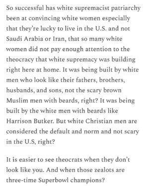Mona Eltahawy Instagram - New essay: Who but a white Christian man could tell a class of graduating women in 2024 that they were probably most excited about becoming mothers and wives, only to have other white people in the United States (of White Supremacist Patriarchy) act shocked?

Who do you think has been voting for the politicians and judges who are systematically stripping women of autonomy in the United States of Post-Roe v Wade to ensure that they become mothers and wives?

“I think it is you, the women, who have had the most diabolical lies told to you,” Harrison Butker, the kicker for Super Bowl Champion the Kansas City Chiefs, had the fucking nerve to say in his commencement speech at Benedictine College, a private Catholic liberal arts school in Atchison, Kansas. “Some of you may go on to lead successful careers in the world, but I would venture to guess that the majority of you are most excited about your marriage and the children you will bring into this world.”

So successful has white supremacist patriarchy been at convincing white women especially that they’re lucky to live in the U.S. and not Saudi Arabia or Iran, that so many white women did not pay enough attention to the theocracy that white supremacy was building right here at home. It was being built by white men who look like their fathers, brothers, husbands, and sons, not the scary brown Muslim men with beards, right? It was being built by the white men with beards like Harrison Butker. But white Christian men are considered the default and norm and not scary in the U.S, right?

Subscribe to FEMINIST GIANT and get my essays delivered to your inbox. It’s free! Pay if you can to help keep it free

https://www.feministgiant.com

Link in my bio and stories 

https://www.feministgiant.com/p/essay-if-harrison-butker-was-a-muslim