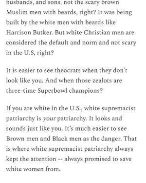 Mona Eltahawy Instagram - New essay: Who but a white Christian man could tell a class of graduating women in 2024 that they were probably most excited about becoming mothers and wives, only to have other white people in the United States (of White Supremacist Patriarchy) act shocked?

Who do you think has been voting for the politicians and judges who are systematically stripping women of autonomy in the United States of Post-Roe v Wade to ensure that they become mothers and wives?

“I think it is you, the women, who have had the most diabolical lies told to you,” Harrison Butker, the kicker for Super Bowl Champion the Kansas City Chiefs, had the fucking nerve to say in his commencement speech at Benedictine College, a private Catholic liberal arts school in Atchison, Kansas. “Some of you may go on to lead successful careers in the world, but I would venture to guess that the majority of you are most excited about your marriage and the children you will bring into this world.”

So successful has white supremacist patriarchy been at convincing white women especially that they’re lucky to live in the U.S. and not Saudi Arabia or Iran, that so many white women did not pay enough attention to the theocracy that white supremacy was building right here at home. It was being built by white men who look like their fathers, brothers, husbands, and sons, not the scary brown Muslim men with beards, right? It was being built by the white men with beards like Harrison Butker. But white Christian men are considered the default and norm and not scary in the U.S, right?

Subscribe to FEMINIST GIANT and get my essays delivered to your inbox. It’s free! Pay if you can to help keep it free

https://www.feministgiant.com

Link in my bio and stories 

https://www.feministgiant.com/p/essay-if-harrison-butker-was-a-muslim