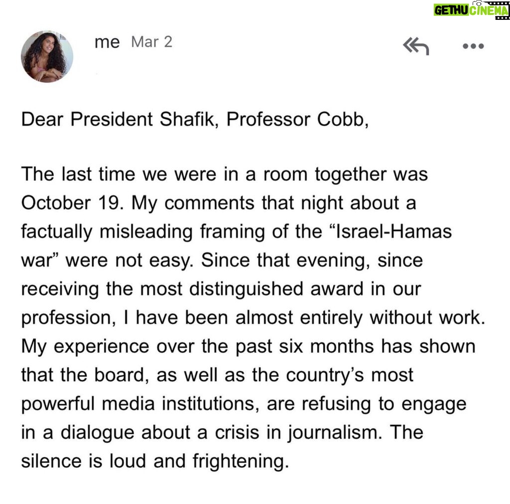 Mona Chalabi Instagram - 1. Columbia university, October 19, 2023 (I left the ceremony early) 2. An email to the President of Columbia, sent March 2, 2024 (she did not reply) 3. A student protester at Columbia, April 18, 2024 via Tarik_Endale on Twitter 4. An article from YDSA, November 20, 2023 Solidarity with the brave students of Columbia 🖤