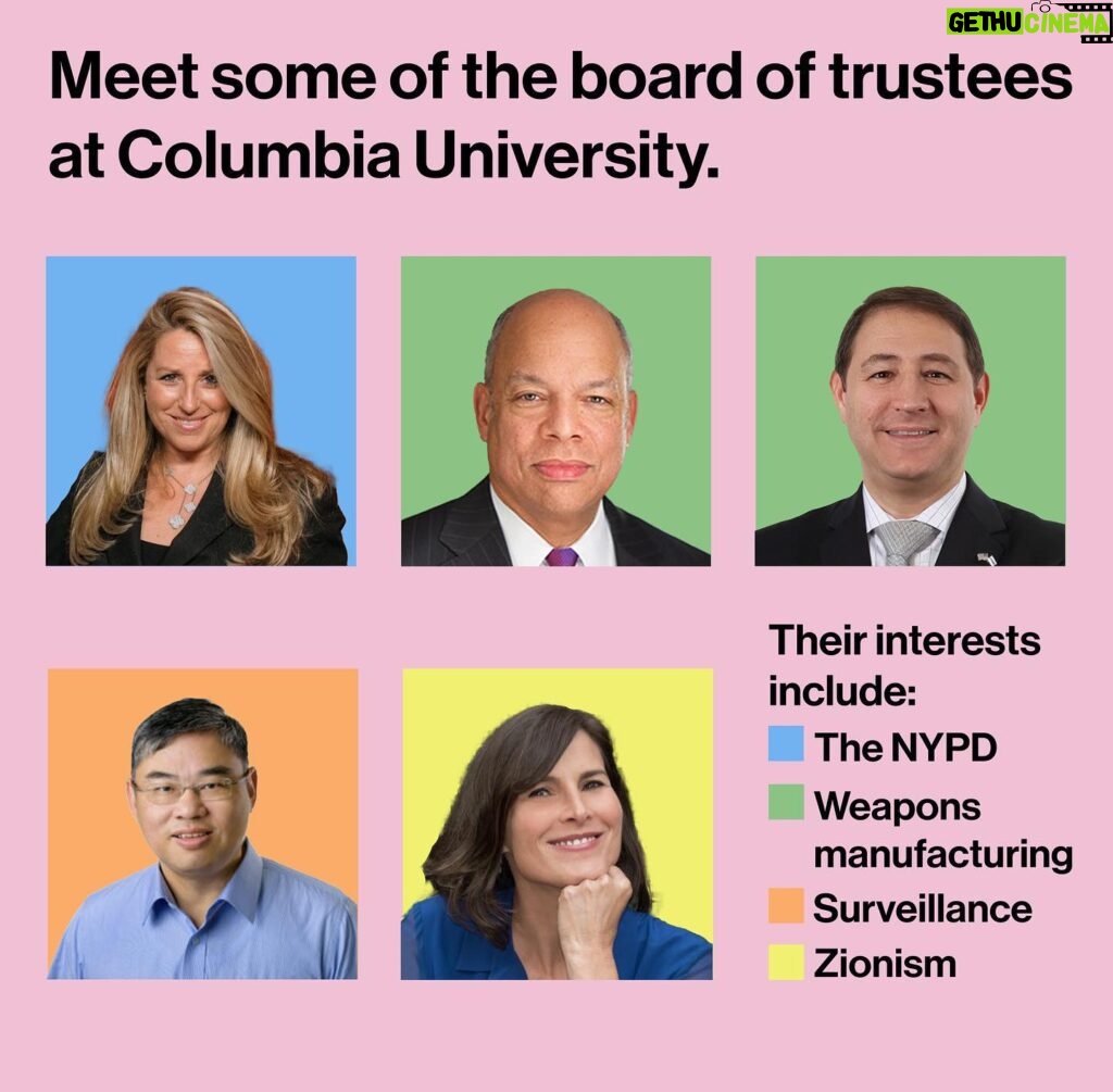 Mona Chalabi Instagram - At least five of the 21 members of Columbia’s board seem to have a personal interest in crushing student protests (a reminder: students are demanding that their university divest from Israeli genocide and the occupation of Palestine). Some other notes: • Although he’s the cousin of Penny Pritzker (she’s on the board at Harvard, forced Claudine Gay out of her job) and nephew of Governor JB Pritzker (said he stands “unequivocally” with Israel), I didn’t include Columbia trustee Adam Pritzker here. Interestingly though, Adam appears to have only one online account which is on Cellar Tracker, a site for wine lovers. On April 21, a few days after the NYPD had begun their crackdown on peaceful protests at Columbia, Adam was reviewing a white wine noting its “nice bouquet of citrus and melon”. The wine producer, “Yatir Creek” is an Israeli producer that operates out of Israeli settlements on Palestinian land.  • Some students have claimed that HEICO is part of Columbia’s endowment. The first demand made by SJP is for transparency because it’s not clear what the university has invested in. • Jeh Johnson is also the former Secretary of Homeland Security. • And lastly, if you don’t think that the use of AI and surveillance in Israel is frightening, please read reporting from Spencer Ackerman about how autonomous systems have been used by the Israeli military to fire on Palestinian civilians.  Sources: All public records, including trustee bios on the Columbia website.
