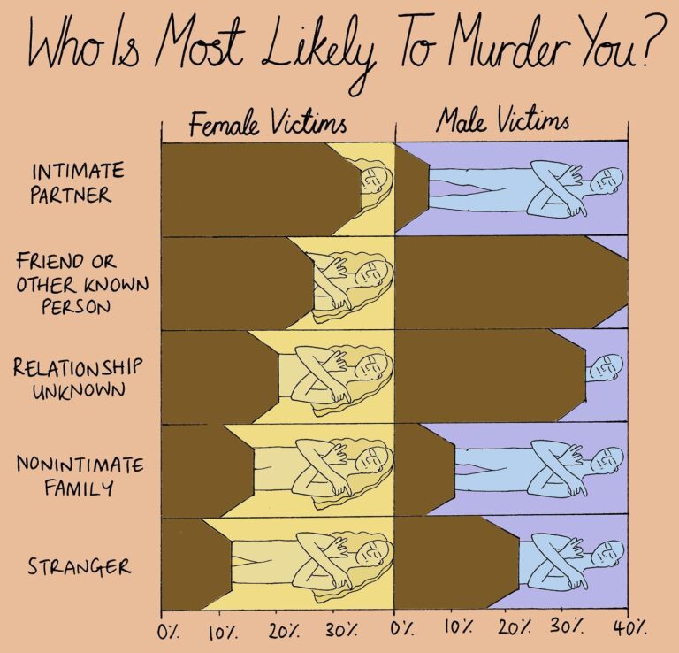 Mona Chalabi Instagram - I saw a tweet and wondered if I could find data. The person most likely to kill a woman is the man sleeping next to her. There’s very little national research about same-sex relationships and none at all about trans women which is especially fucked up because studies have shown trans people are 4x more likely to be victims of violent crime. Overall, men are much more likely to become homicide victims than women but do you know what everyone has in common regardless of gender? If someone's going to kill you, it's probably a man. The National Domestic Violence helpline is 1-800-799-SAFE Source: US Bureau of Justice Statistics, 2021