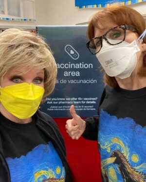 Morgan Fairchild Instagram - #OnMyWalk with @cathrynhartt for new Covid vaccinations! Best way to protect each other & loved ones. Plus we can wear our Godzilla Zaps Starry Night sweatshirts! #HappyNewYear #CovidIsntOver #MaskUp Sending Love To You All💗🎉💗🌷💗🥰💗🎊💗🎉💗🌷💗🥰💗🎊🎉💗🌷👋🥰🎊💗