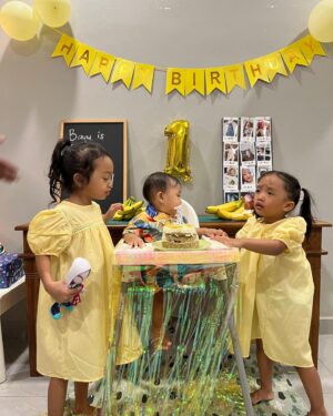 Nadia Aqilah Instagram - To my hero who loves banana a little too much lately, pastu hadiahkan poonami after. Tiada yang lain kami mahukan selain bahagia buat awak, thank you for being patient and kind (lagi2 bila kakak2 awak rebutkan awak 🤪). I look forward to your morning smile everyday eeee geramnya walaupun awal sgt awak main buku lagu enjit2 semut tu dlm gelap 🤪 (morning person like mama). 

Know that you owe us nothing, and thank you for choosing us as your parents. To many more years of exploring each other, Mama sayang awak tiada tepian Bayu Aria ⭐️ May you always be protected sayang. #duanadiaries 
#bismillahimasyallah❤️