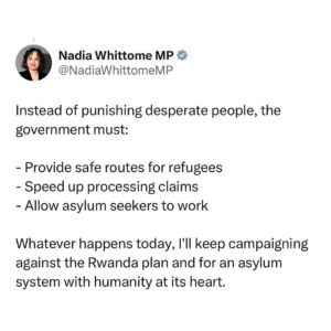 Nadia Whittome Instagram - The Rwanda Bill is an affront to humanity, the rule of law and basic common sense. My thread 🧵